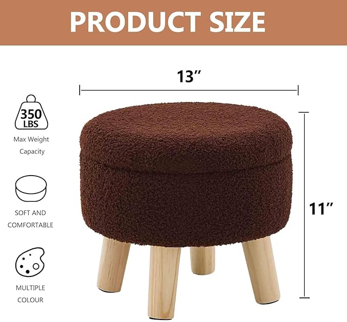 Wimarsbon Storage Ottoman, Modern Round Footrest with Soft Padded Seat, Teddy Velvet Footstool with Wood Legs, Accent Small Table or Plant Stand for Hallway, Living Room (Brown)