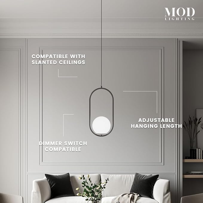 𝗠𝗢𝗗 𝗟𝗜𝗚𝗛𝗧𝗜𝗡𝗚 Jewels & Pearls | Modern Black Pendant Light Fixtures, Hanging Globe Pendant Lights for Kitchen Island Lighting, Dimmable LED Bulb Included, 1 Pack (Black | Warm White | Oval)