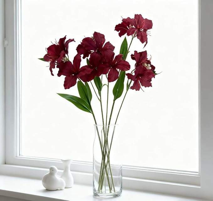 10-Bud Artificial Lily Flowers, 4 Pcs Fake Outdoor Flowers, UV Resistant Faux Flowers for Outdoor Planters, Silk Flowers for Wedding Decoration (Red)