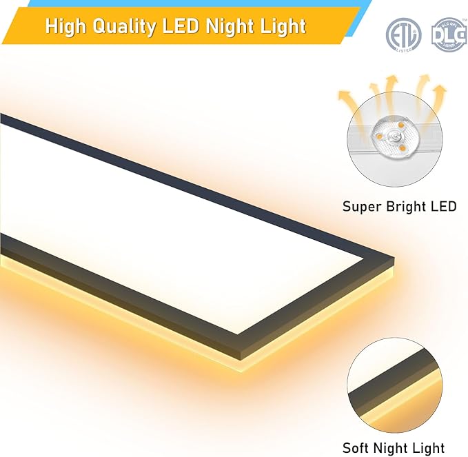 AIKVSXER 4Pack-1x4-Black LED Flat Panel Light Surface Mount 3000K/4000K/5000K with Night Light， 50W 5500Lm 120V 2x2 LED Light Fixtures for Yard/Bedroom/Office