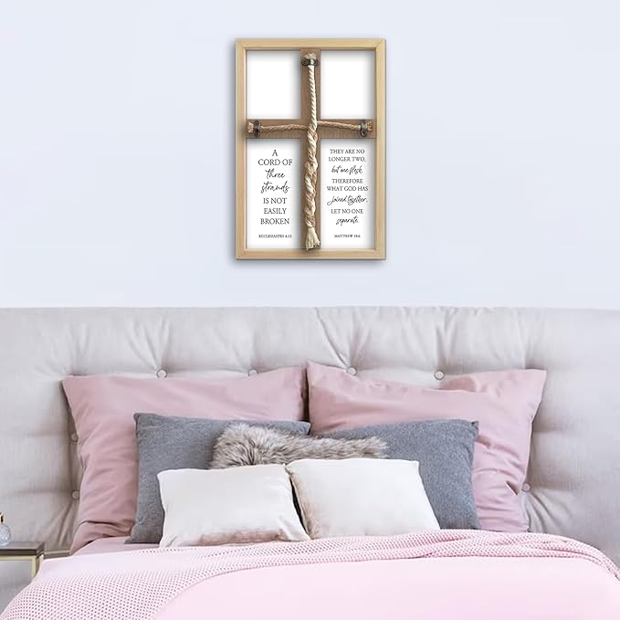 flowtorely A Cord of Three Strands Wedding Ceremony Unity Wall Decor 15"X10" Matthew 19 6 Christian Marriage Prayer Cross Sign Framed Wall Hanging Art (Wood)