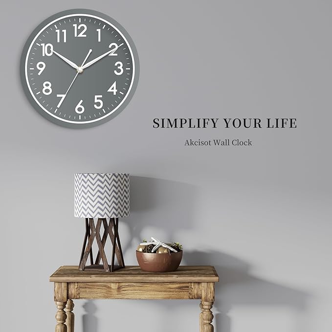 AKCISOT Wall Clock Bathroom 10 Inch Analog Small Wall Clocks Battery Operated - Silent Non Ticking Modern Simple Style Clock Decorative for Kitchen,Bedroom,Home Office,Living Room,School(Gray)