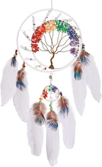 7 Chakras White Tree of Life Dream Catchers Wall Decor with Rainbow Healing Crystal Stone Handmade Art Feather Dreamcatcher Wall Hanging Ornament for Bedroom Decor Blessing Gift Wedding Party-23.6"