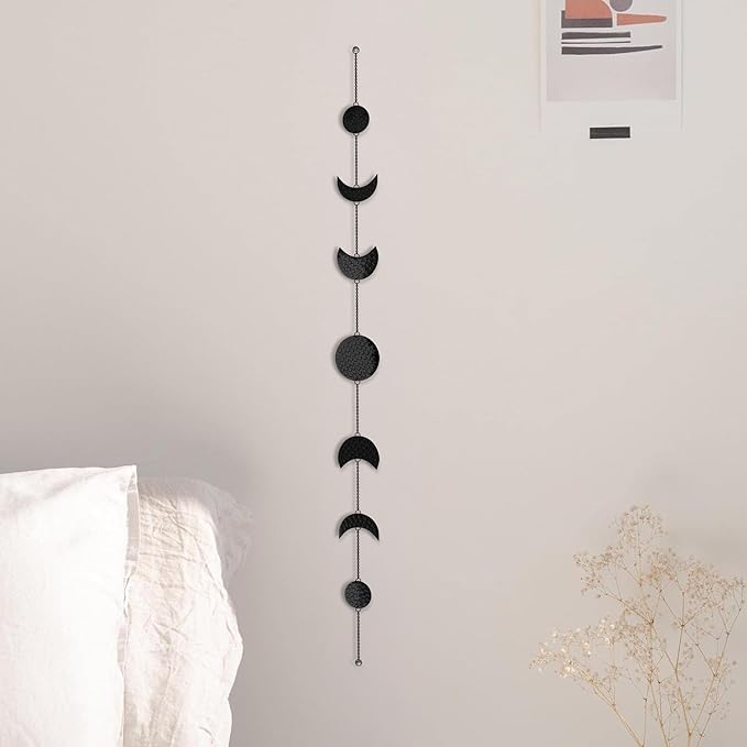 BASE ROOTS Moon Phase, Black Wall Decor for Bedroom & Living Room, Bohemian Wall Decor, Handmade Hammered Metal 34" 7 Phases Moon, Celestial Wall Art, Gift for Women & Kids