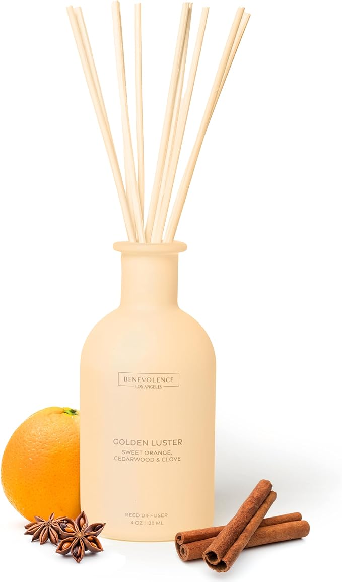 Benevolence LA Reed Diffuser - Orange, Cedarwood & Clove | Fall Home Fragrance Diffuser for Home & Bathroom | Long-Lasting Scent Sticks - Malibu Sands Collection