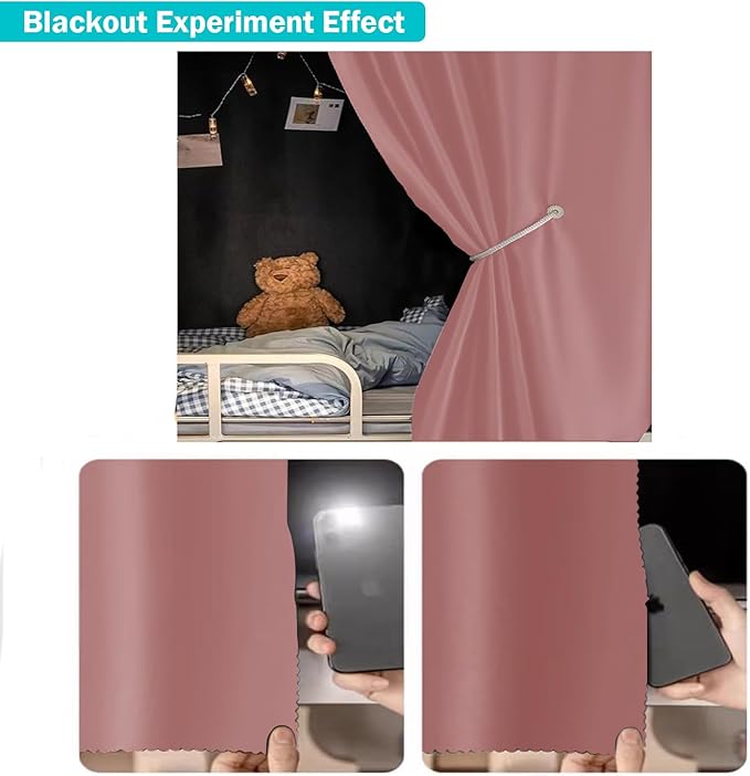 NKM Pink Blackout Bunk Bed Curtains with Canopy Bed Frame,Bunk Bed Tent for Top Bunk,Suitable for Single Bed in Student Dorm