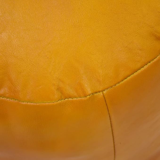 PF12: Round Shaped Goat Leather Handmade Eco-Friendly Mustard Pouf - 16" x 16" x 16", Plain Solid, Recycled Foam with Fibre Fill Stuffed Seating Pouf