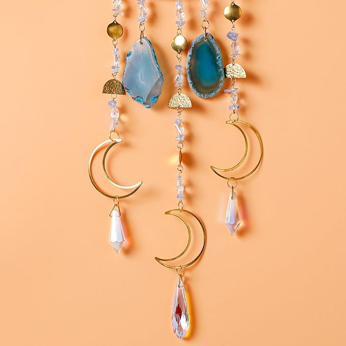 Agate Gemstone Dream Catcher 7 Chakra Tree of Life Dream Catcher with Crystal Stones Handmade Dreamcatcher Wall Decor for Adults Boys Girls,Bedroom,Wedding,Garden,Bless Gift(Blue Moon with Pendant)