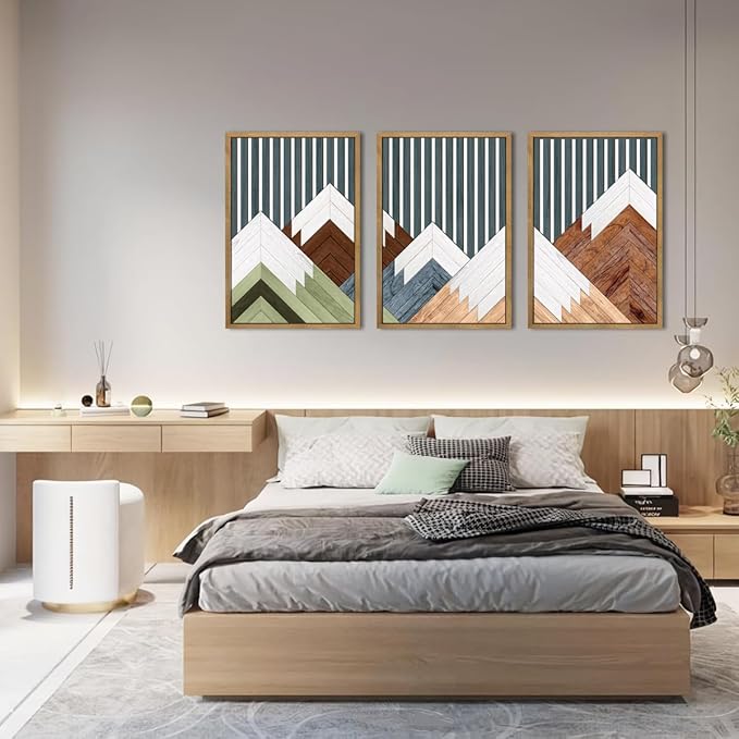 DRACIT Large Woodcut Mountain Wall Art Set Abstract Boho Forest Wood Wall Decor Nature Blue Art Decor Modern Geometric Wooden Wall Sculptures for Living Room Bedroom Office-16x24Inchx3