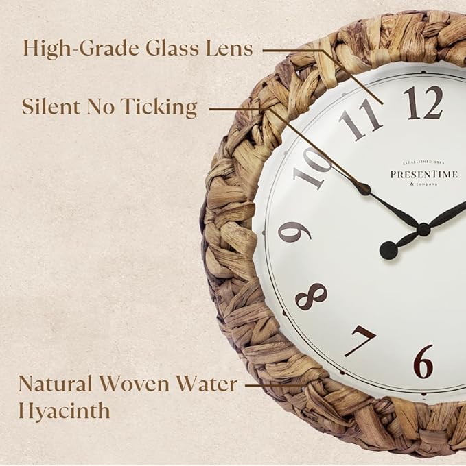 Presentime & Co. Farmhouse Series, Rustic Woven Clock, 12.6 inch, Natural Woven Water Hyacinth/Sea Grass. Wall Sculpture, Wall Art and Timepiece for Home Decoration/Decoration/Farmhouse Décor