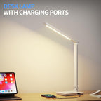 Desk Lamp with USB Charging Port, 14W 900LM Dimmable Eye-Caring Reading LED Desk Light for 9 Brightness Slide Touch & 5 Color Temperature Modes, Home Office Desktop Lamp, Small Study Lamp, White