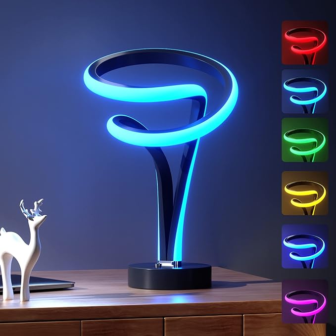 Modern Spiral RGB Table Lamp, Unique, 7 Colors 10 Light Modes LED, Touch Dimmable Cool Nightstand Lamps for Living Room Bedroom Office, Ideal Gift (Black)