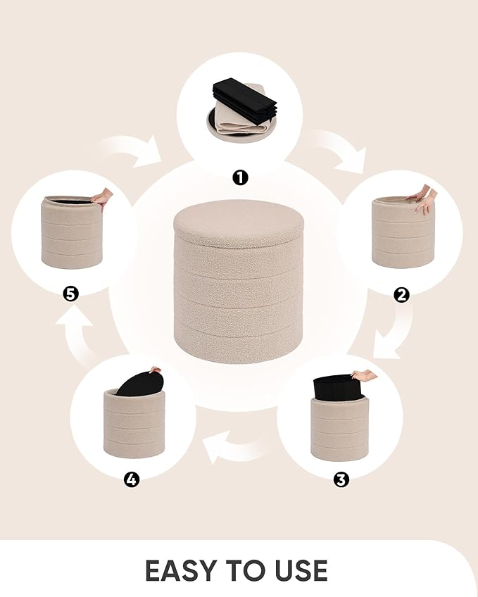 B FSOBEIIALEO Ottoman with Stroage, Round Sherpa Storage Ottoman Stool, Boucle Foot Rest 16.9"x16.9"x17.7"（Beige