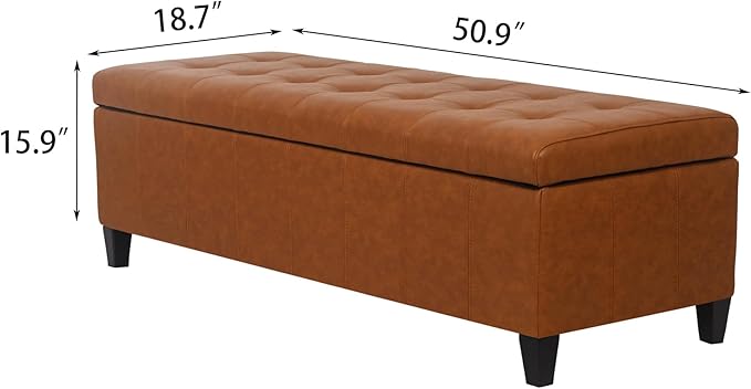 Joveco 51 Inch Storage Ottoman Bench,Tufted Leather Storage Bench for Bedroom (51”,Dark Orange)