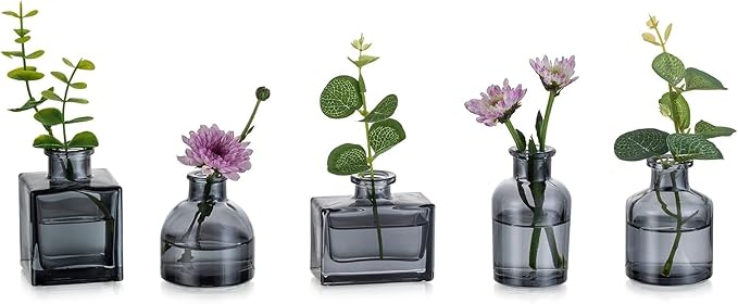 Glasseam Gray Glass Bud Vase: Mini Small Vases for Centerpieces Cute Flower Vase Set of 5 Tiny Vases for Flowers Decorative Centerpiece Table Decor for Wedding Party Dining Room Decoration