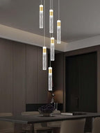 6-Light Gold Modern Crystal Raindrop Chandelier for Dining Room Entrance Long Crystal Bubble Column Chandelier for High Ceiling Lighting Fixtures LED Lampara, 3000k-6000K