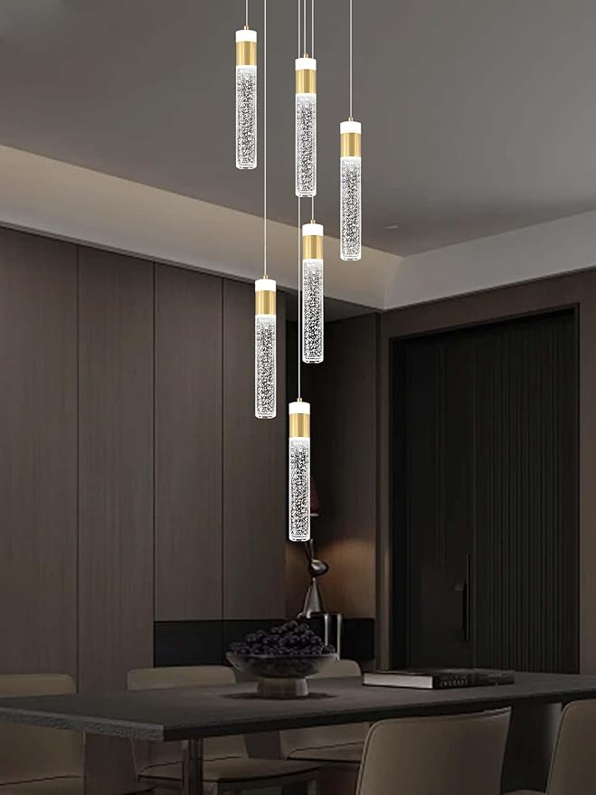 6-Light Gold Modern Crystal Raindrop Chandelier for Dining Room Entrance Long Crystal Bubble Column Chandelier for High Ceiling Lighting Fixtures LED Lampara, 3000k-6000K