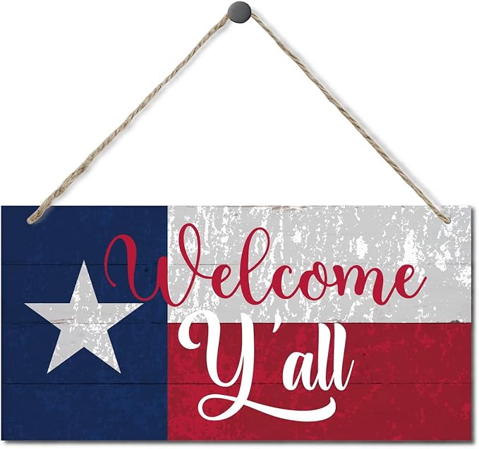 Welcome Y'all Decor Sign, Hanging Wood Sign Home Decorative, Printed Wood Wall Art Sign, Wooden Hanging Sign, Texas Flag Welcome Door Hanger, Welcome Sign for Front Door, Farmhouse Porch Decor 12*6in