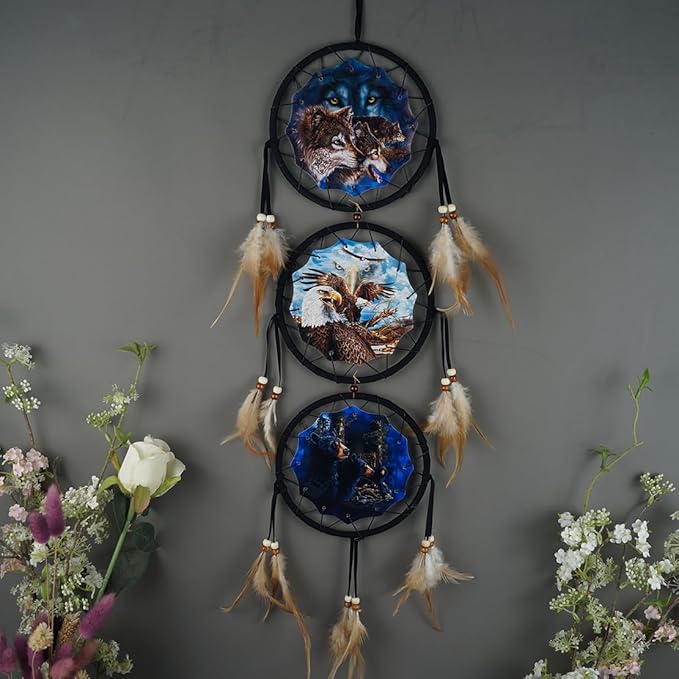 Remorelt Wolf Eagle Bear Dream Catcher Bedroom Wall Decor, Christmas Home Decoration, Room Accessory, White Moon Feather Decoration - Unique Home Craft Wall Pendant (DC02 6Inch Mix)