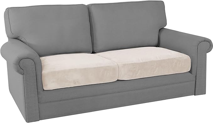 PrinceDeco Velvet Couch Cushion Cover Soft Stretch Cushion Slipcover for Chair Loveseat Sofa Cushion Furniture Protector Seat Cushion Sofa Cover (2 Piece Large Sofa Cushion Covers, Ivory)