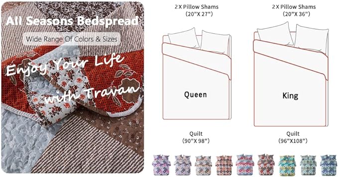 Travan Floral Printed Quilt Sets 3-Piece Super Soft Lightweight King Size Bedspread with Shams Reversible Quilted Bedding Set, King