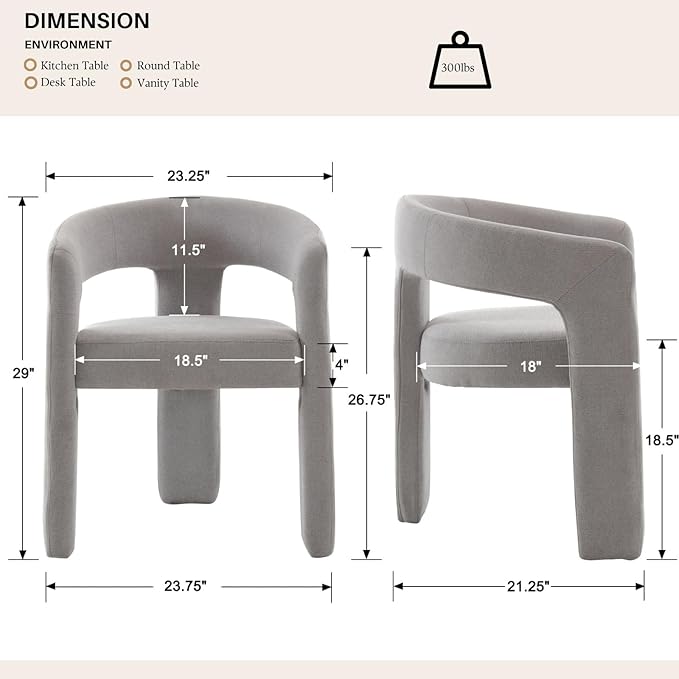 Grey Chenille Dining Chairs Set of 2, Modern Barrel Dining Room Chairs Upholstered Faux Fur Accent Chair with Arms and Round Back for Living Room Kitchen Armchair No Assembly Needed