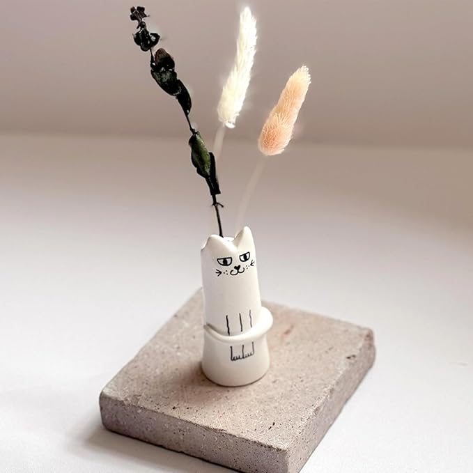 Set of 3 Cat Flower Vase Bud Ceramic Mini Handmade Tiny Vases for Home Decor, Wedding Party, Birthday Gift - Unique, Cute and Aesthetic Miniature Vases - Japanese Trendy, Pretty and Bulk
