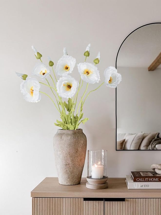 IPOPU 43.3" White Poppy Flowers Artificial Flowers 6pcs Fake Silk Poppies Long Stem Artificial Flowers for Tall Vase for Wedding Party Home Decor(Wihte)