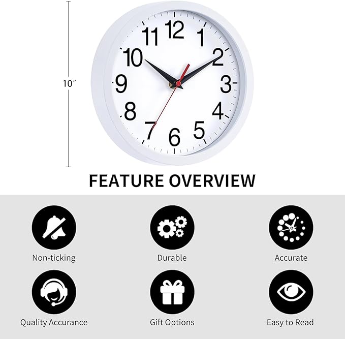 Wall Clock Modern 10 Inch Battery Operated Silent Non Ticking Analog Clock Decorative for Bedroom Kitchen Bathroom Office Home (White)