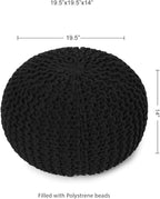 REDEARTH Round Pouf Foot Stool Ottoman - Hand Knitted Bean Bag - Cord Boho Pouffe - Cable Poof Footrest for Living Room - Nursery - Bedroom - Patio - 100% Cotton - Home Decor (19.5"x19.5"x14") - Black