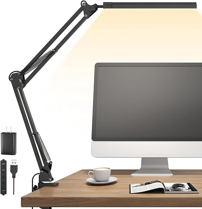 LED Desk Lamp for Home Office, Clamp-On with 5 Light Modes & Auto Shut Off | 14W Adjustable Brightness 5000K Eye-Caring Lighting for Study/Bedroom/Computer Desk