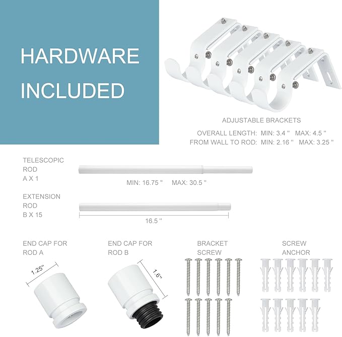 Curtain Rods for Windows 16 to 240 Inches Adjustable Length 1 Inch Diameter Window Curtain Rod with Aluminium End Cap, White