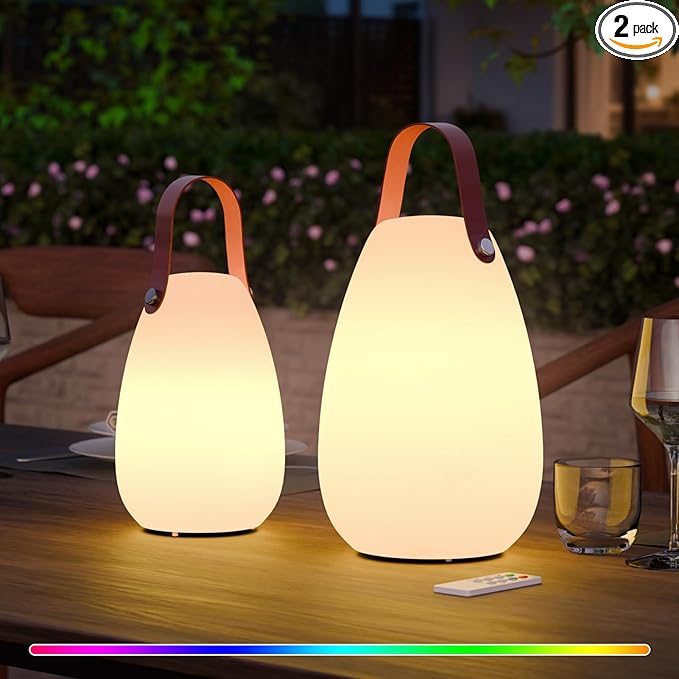 uuffoo 2 Pack Outdoor Table Lamp - Dimmable Rechargeable Night Lights w/ Remote and 7 RGB Colors, IP44 Water-Resistant Portable Hanging Lantern for Patio, Bedroom, Garden, Emergency (Leather Handle)