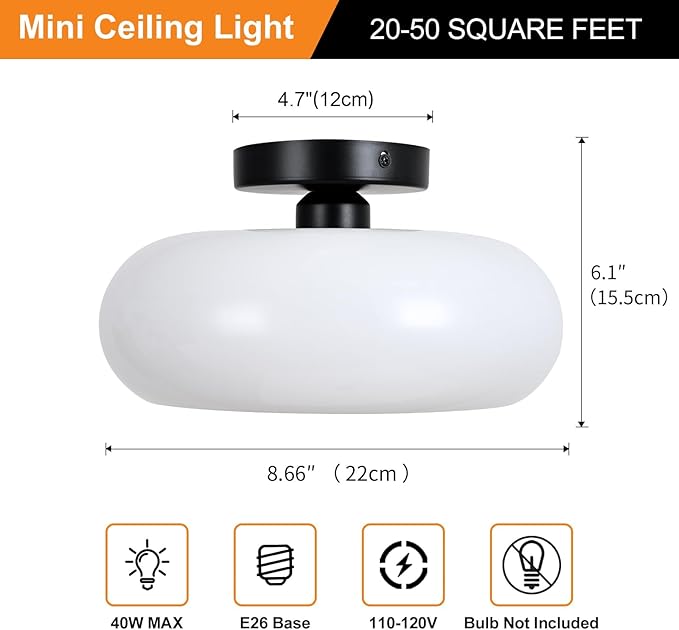 Mid-Century Modern Semi Flush Mount Ceiling Light, Metal Kitchen Light Fixture with Glass Shade,Vintage White and Black Colse to Ceiling Lamp for Entryway Hallway Bathroom (8.66 Inch)