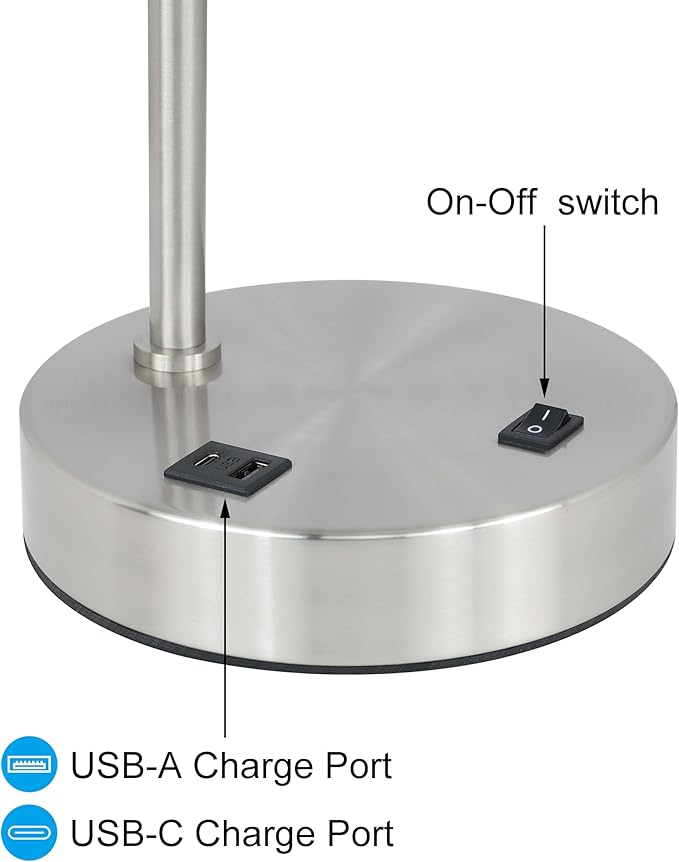 XiNBEi Lighting Table Lamp USB Desk Lamp with Fabric Shade, Modern Bedside Iron Lamp Brushed Nickel Finish for Bedroom Living Room & Office XB-TL1230-BN