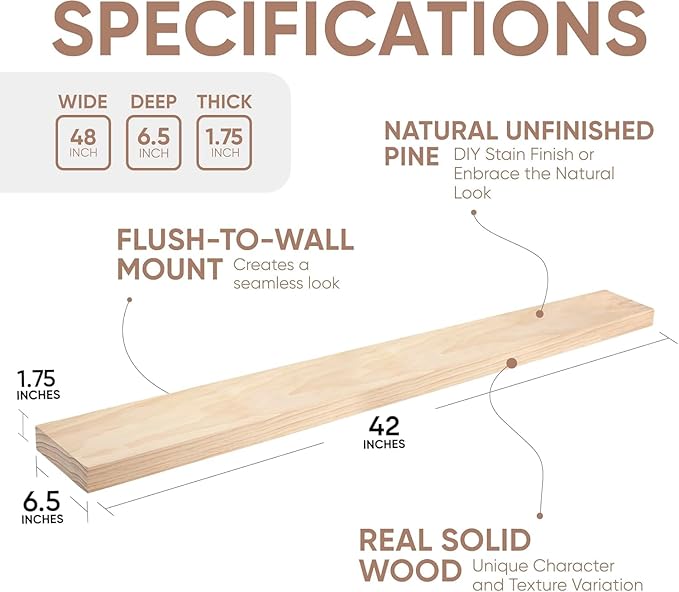 Homeforia 42 inch Wood Floating Shelf, High End Solid Natural Wood 42inch Large Floating Shelves for Wall Mounted, Unfinished Wooden Floating Shelves, Heavy Duty Bracket, 42 X 6.5 X 1.75 in, Set of 3