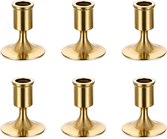 Romadedi Gold Candlestick Candle Holders for Taper, 6 PCS Gold Brass Color Candle Stick Candle Holder for Table Centerpiece, Wedding Reception, Festive Christmas Mantel Decoration or Home Decor