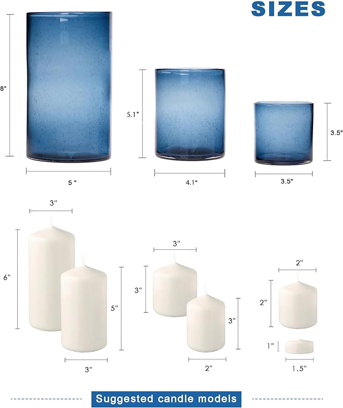 ARIAMOTION Blue Candle Holder for Pillar Set 3 Modern Glass Bubbles Hurricane Cylinder Vases Table centerpieces Home Decor Tabletop Kitchen Island Dining Room Coffee Bar 8" 5" 3.5" Height