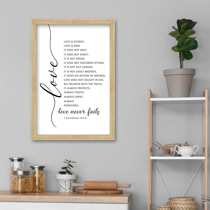 FZMHASLWW Love Is Patient Kind Wall Decor 16"×11" Love Never Fails 1 Corinthians 13 Bible Verse Sign Wood Framed Wall Hanging Art (Wood)