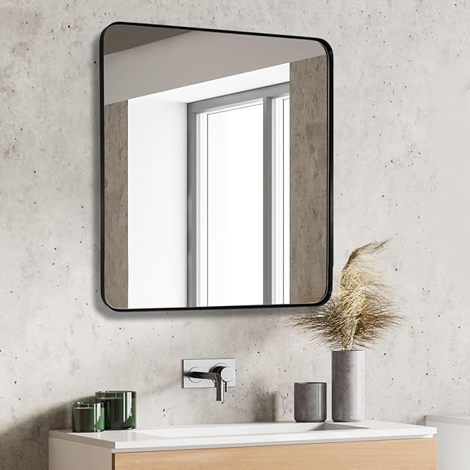 Black Bathroom Mirror 38X38 Inch, Black Metal Framed Mirror for Wall, Rounded Rectangle Matte Bathroom Vanity Mirror with Tempered Glass, Anti-Rust, Horizontal/Vertical
