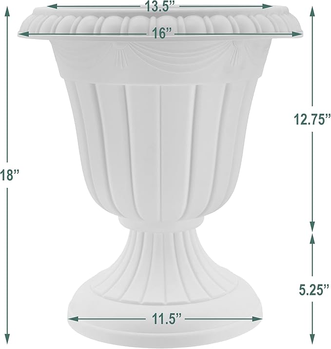 PL00CW Classic Traditional Plastic Urn Planter Indoor/Outdoor, 16" x 18", White Wash