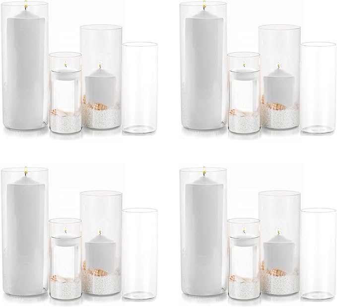 Glass Hurricane Candle Holder Esmiome - Cylinder Vases for Centerpieces 4 Sets (16Pcs) Hurricane Floating Candle Holder, Glass Vases for Flowers, Decorative for Home Wedding, 4''+6''+8'+10''(High)