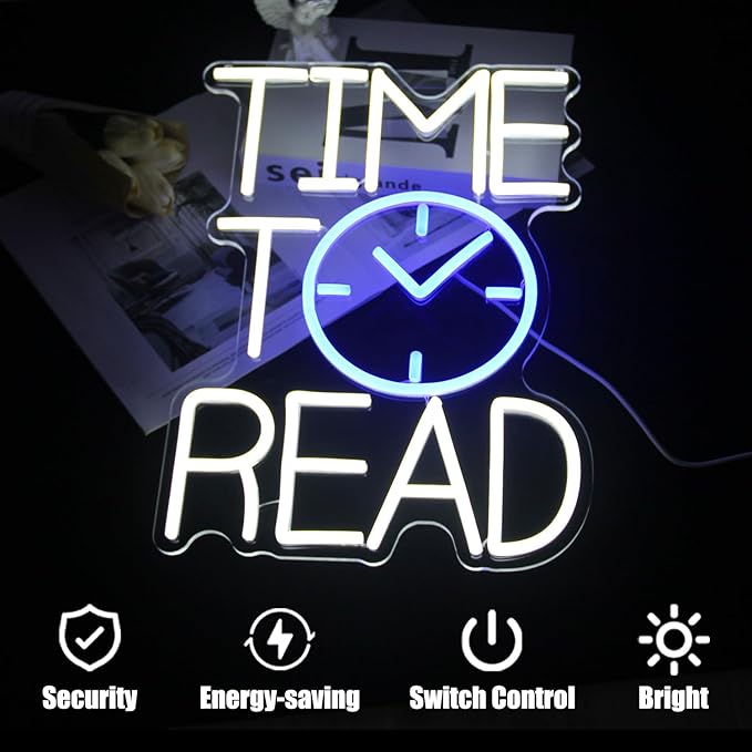 Time To Read Neon Sign Read Books Neon Light White Letter LED Signs Blue Clock Neon Read Light Up Sign for Bedroom Classroom Library Reading Corner Bookstore Decor