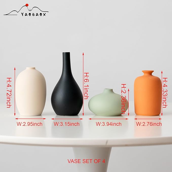 YAOBAAOX Set of 4 Small Matte Ceramic Vases - Modern & Bohemian Decor for Home, Office, Shelve, Living Room Table, Mantel, Bedroom, Entryway, Rustic Farmhouse Decorative Vases & More（Hademade