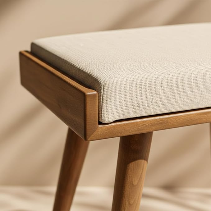 Walnut Ottoman Stool for Living Room | Upholstered in Cream Pattern Fabric | Versatile as a Piano Bench | Ideal Bedroom Bench | Functional Footstool Bench