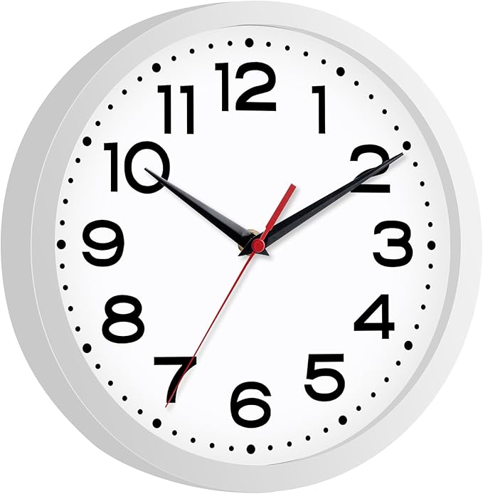 Wall Clock Silent Non-Ticking Modern Clock Battery Operated 10 Inch Small Classic Analog Decorative for Kitchen, Living Room, Office, Bedroom, Bathroom (White)