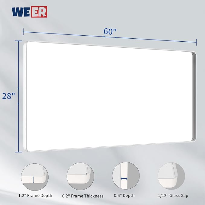 WEER White Bathroom Mirror 60X28 Inch, Rounded Rectangle White Metal Frame Mirror, Matte White Bathroom Vanity Mirror with Tempered Glass, Anti-Rust, Hangs Horizontally or Vertically