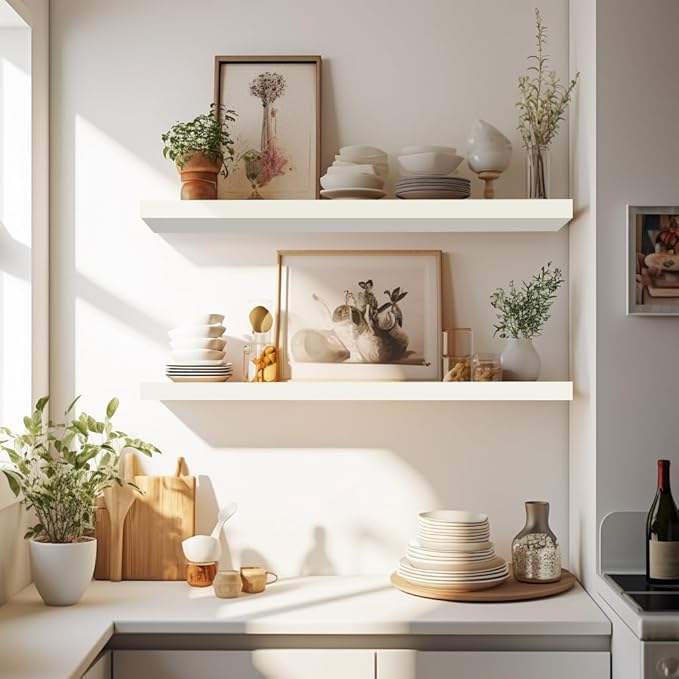 LaVie Home Floating Shelves, 24 Inch Wall Shelf Set of 2, Hanging Shelf with Invisible Brackets, Wall Decor for Bathroom, Bedroom, Living Room, Kitchen Storage, Modern White