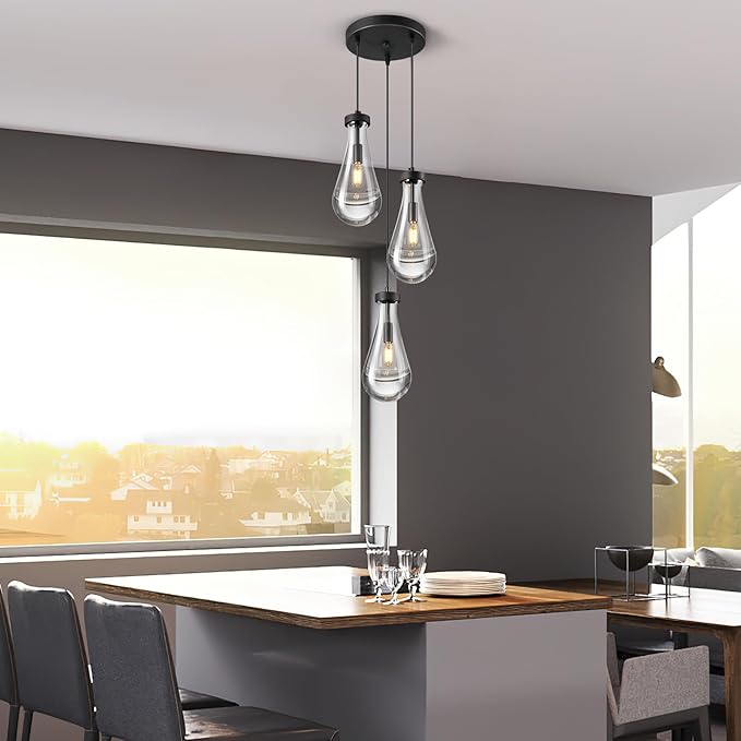 Raindrop Pendant Lights Kitchen Island Teardrop Black Hanging Light Fixtures Clear Solid Glass Pendant Light Modern Chandeliers for Dining Room Porch Corridor Living Room(3-Light)