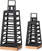 Glitzhome Set of 2 Modern Trapezoid Metal/Wood Decorative Lanterns,Large Candle Lanterns for Living Room,Home,Indoor, Outdoor,Table,Fireplace Mantle Decor -Black(No Glass)
